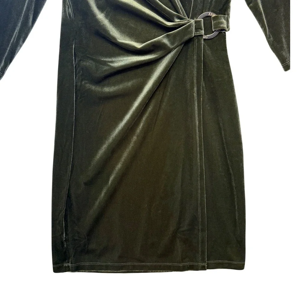 Anne Klein Womens Green Velvet Wrap Dress 3/4 Sleeve Buckle Detail Knee Length 6